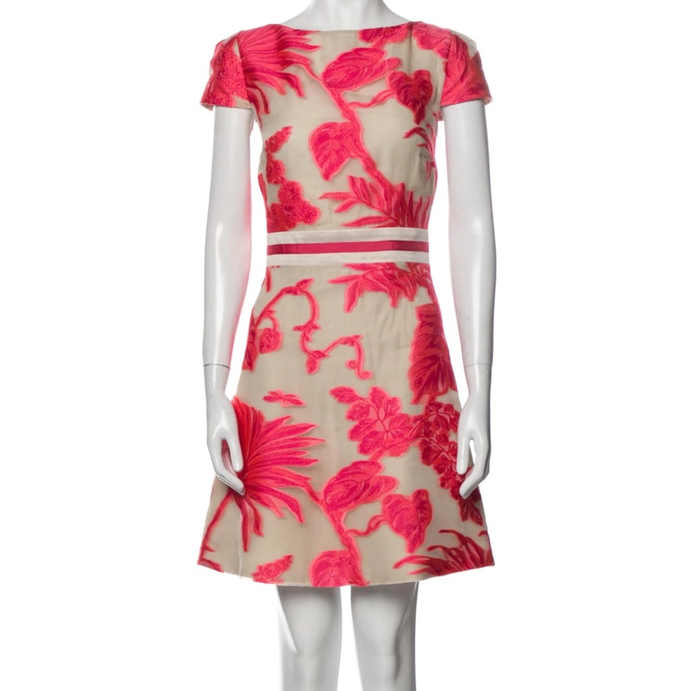 Gorgeous Blumarine cocktail dress. Nude with coral/pink appliqué detail.